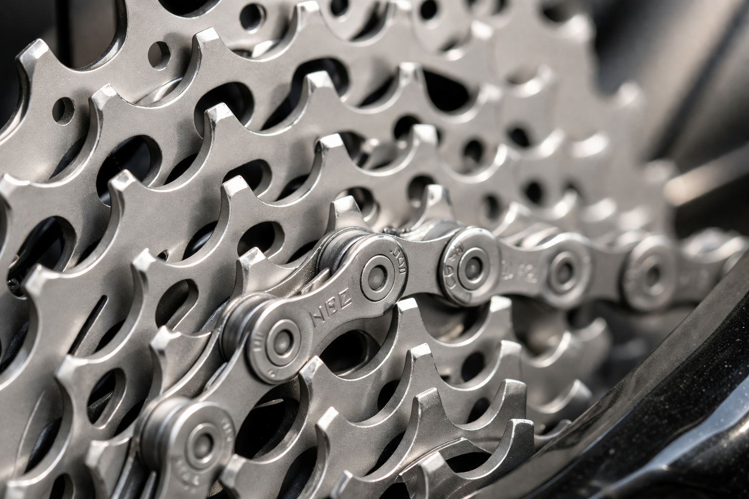 Close up of a new bike chain and rear cassette.
