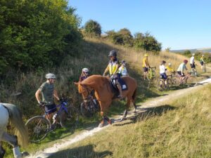 Horse rider passing a group of stationary cyclists on the South Downs